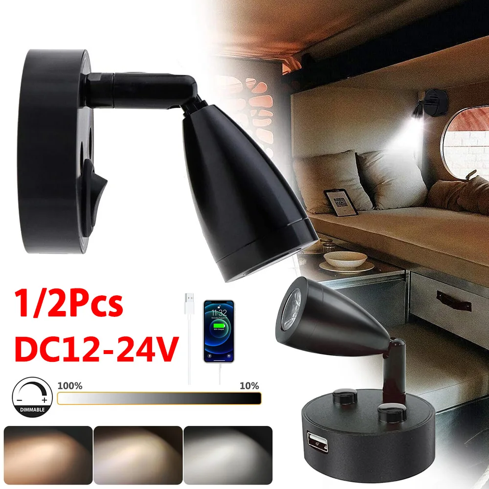 12-24V RV wewnętrzna reflektory LED odczytu 3 kolor ściemniania 360 ° obrotowa lampa ścienna do Camper przyczepy kempingowej z portem USB