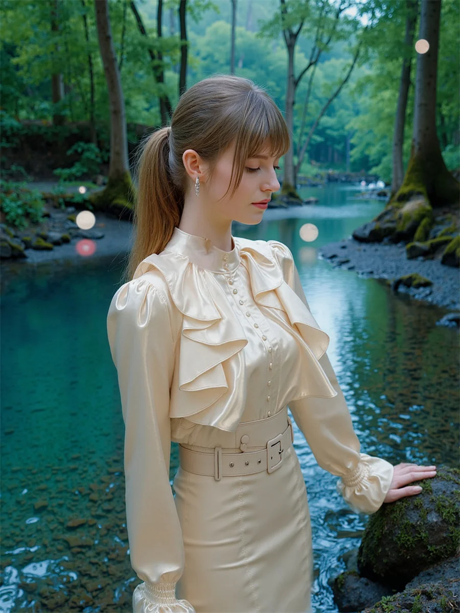 Koszule z rozszerzanymi rękawami w stylu vintage, długie bluzki damskie Y2K, tuniki damskie, letni uniform, ozdobne koraliki, dopasowany krój, beżowy, casual