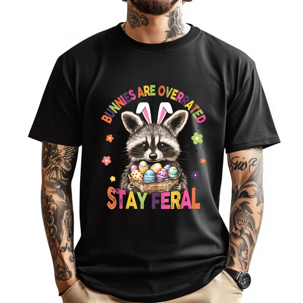 

Bunnies Are Overrated Stay Feral Funny Egg And Bunny Raccoon Luxury Designer T Shirt Homme Happy New Years