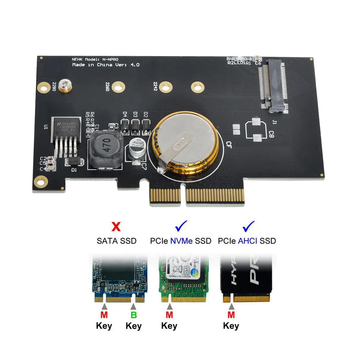 Cablecc PCI-E 3.0 x4 auf M.2 NGFF M Key SSD Nvme Kartenadapter PCI Express mit Stromausfallschutz 4.0F Superkondensator