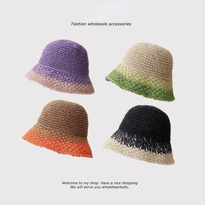 

New Paper Straw Bucket Hat Ladies Crochet Breathable Panama Edge Stitch Design Bob Fishing Caps Girls Summer UV Beach Hat