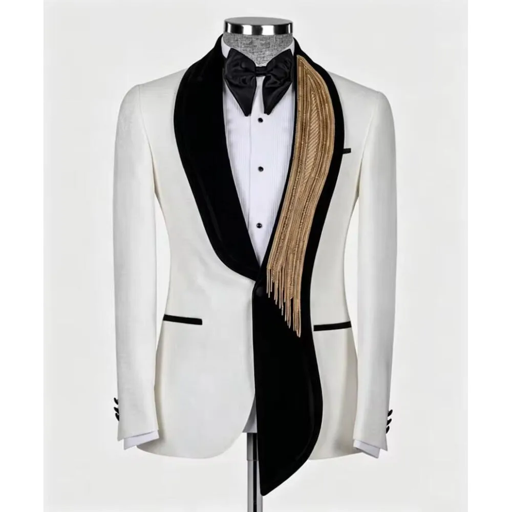 Man Asymmetric Tuxedo Suit For Wedding 2 Piece Gold Fringe Blazer Pants Beaded Lapel Groom Prom Formal Dinner Outfit Customized