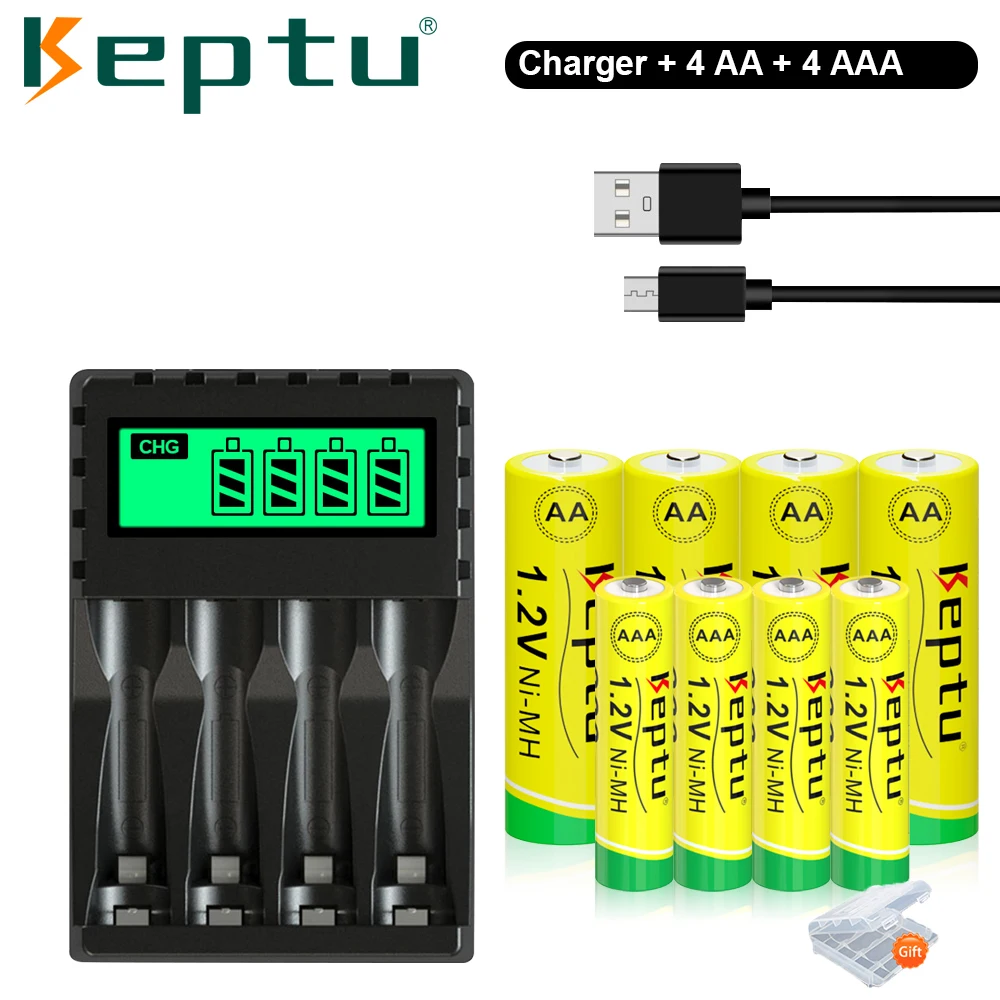 KEPTU AA+AAA rechargeable battery 1.2V AA 2200MAH / AAA 900MAH suitable for remote control, toys, clocks + LCD Quick Charger