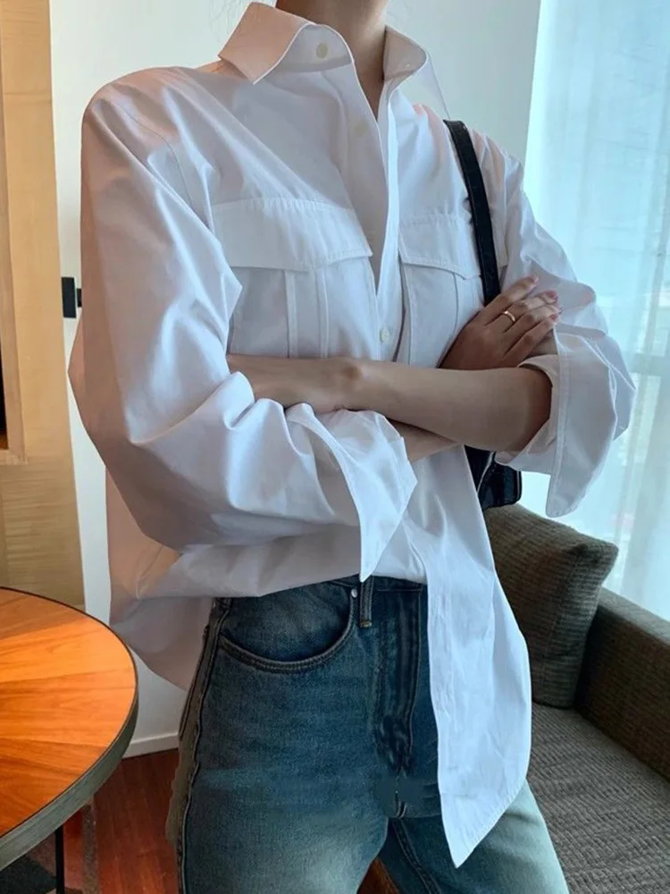 

Белая хлопковая рубашка-карго для женщин, повседневная, с длинным рукавом, винтажная, с карманами, в американском стиле, свободного кроя, в стиле преппи, весенняя, в стиле бойфренд, ретро-топ