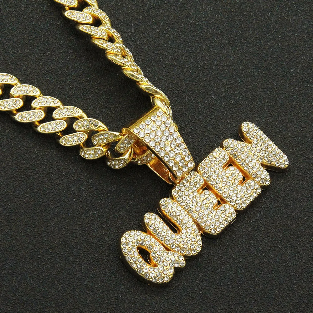 

Men Hip Hop KING QUEEN Letter Pendant Necklace with 13mm Miami Cuban Chain Iced Out Bling HipHop Necklaces Fashion Women Jewelry