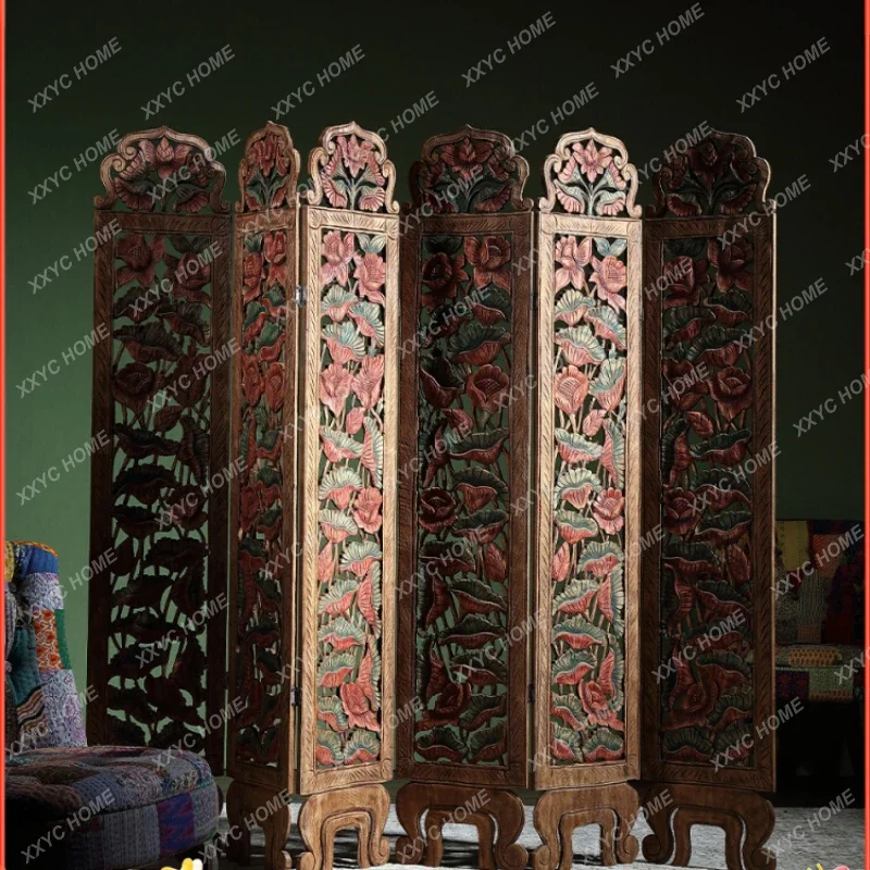 

Southeast Asia Hand Carved Solid Wood Painted Hallway Jucai Screen Thai Living Room Partition Folding Accordion Partition