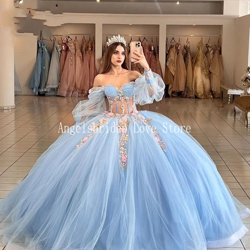 

Angelsbride Sky Blue With Sequined Appliques Long Puff Sleeves Sweet 16 Dress Vestidos De Festa Ball Gown Quinnceanera Dresses