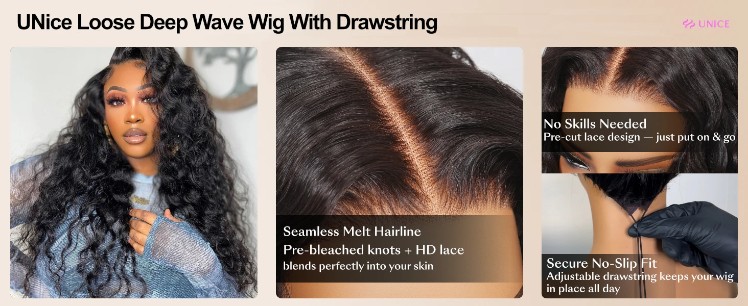 UNice 7x5 Bye-Bye Slip™ Lace Natural Black Loose Deep Wave Wig Pre Cut Pre Bleached Glueless Drawstring Wig