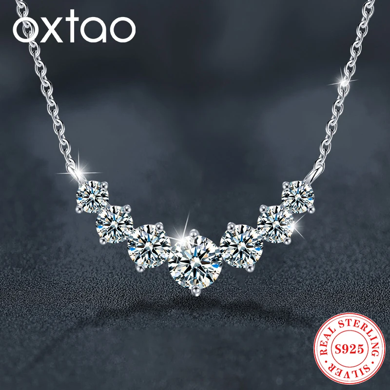 

OXTAO Full Moissanite Pendant Necklace for Women Wedding Jewelry with Certified Plated 18k White Gold Smile Necklace 925 Silver