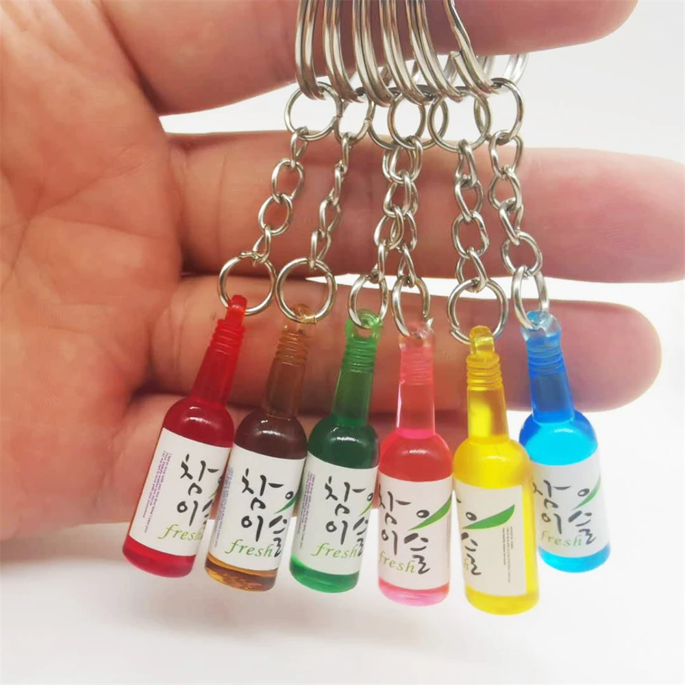 INS Soju Korean Beer Bottle Keychains Colorful Wine Bottle Pendants Keyring for Men Women Earphones Case Car Key Accessories
