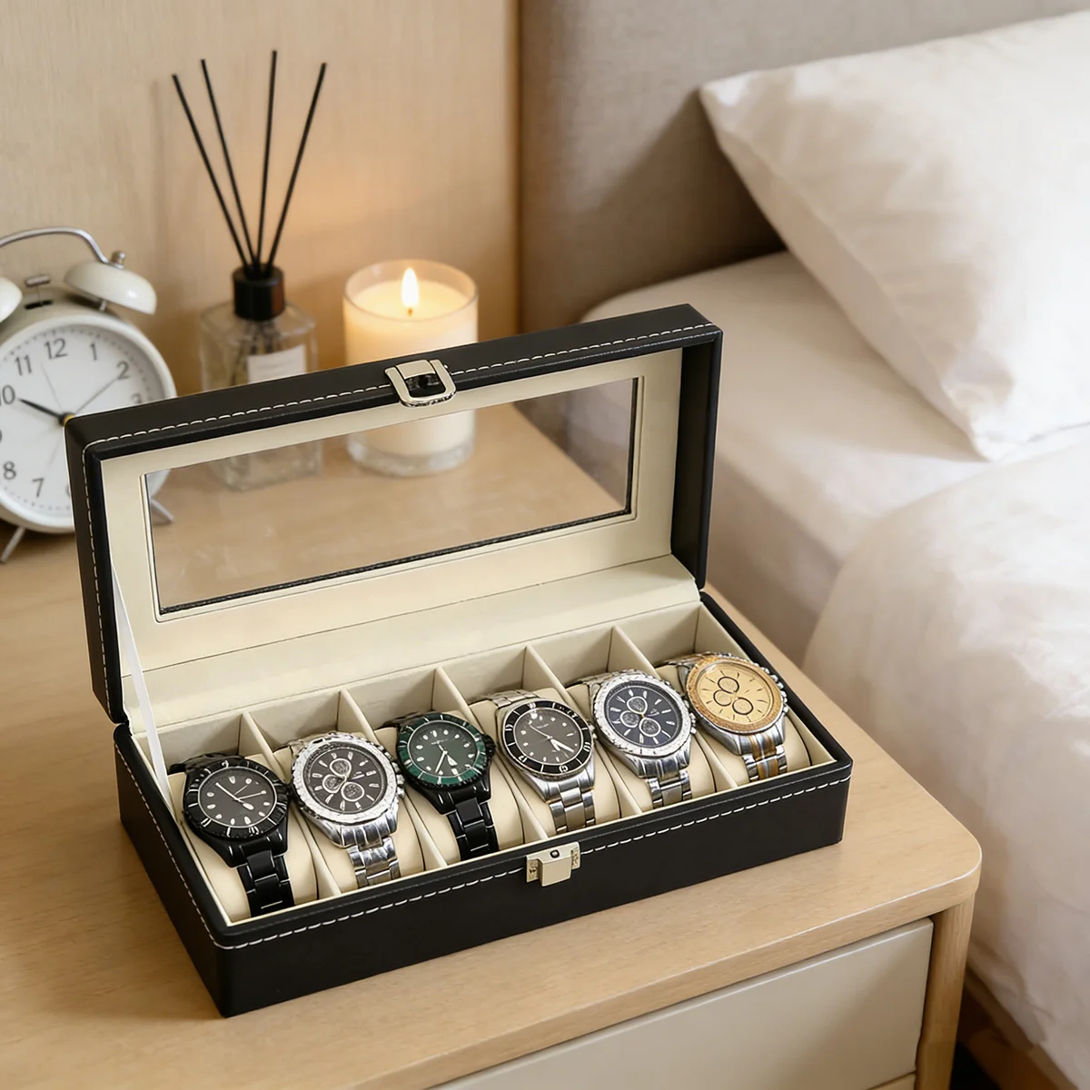 Men's Heavy-Duty PU Leather Watch Box with Display Lid,Large Capacity Watch Collector Case Suitable for Displaying image 4