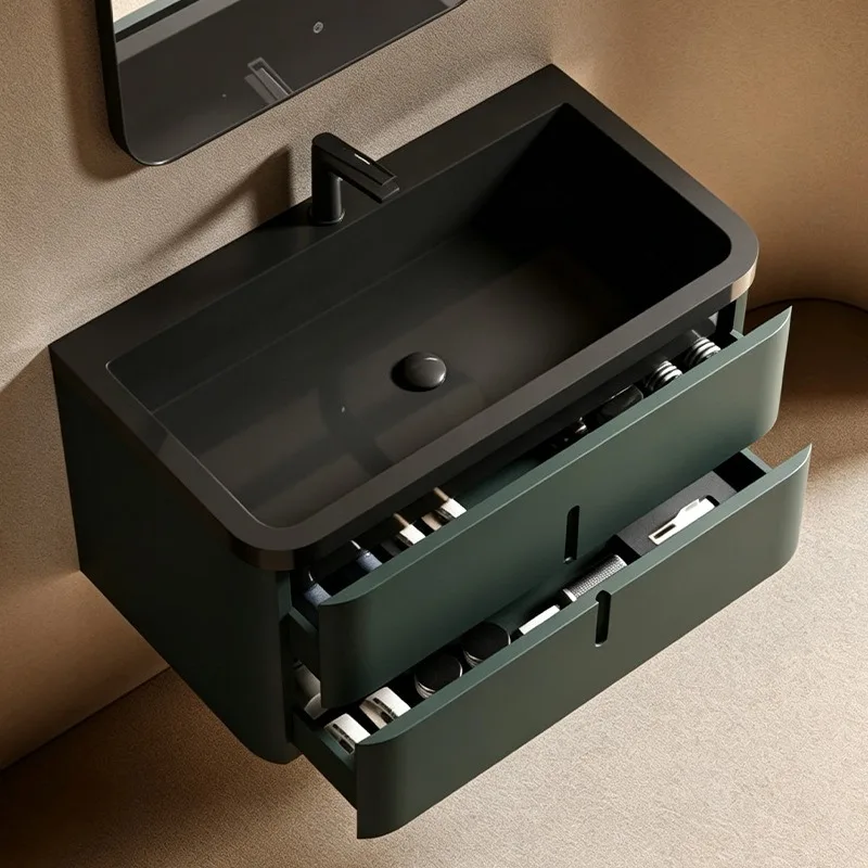 Dark green bathroom cabinet, suspended wash basin cabinet, backlit mirror set, hotel home improvement washstand