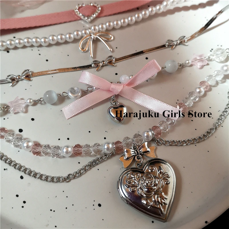 Rosary Heart Bow Fairycore Pearls Choker Pink Lace Necklace Y2K Pixie Fairycore Cottagecore Necklace Jewelry Accessories Gift