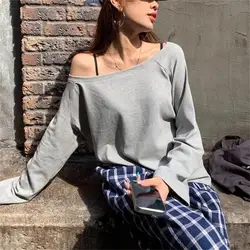 Women Basic style Skew Collar Baggy Off Shoulder Long Sleeve T-shirts White Female Soft Casual Tee shirts Women's Black Top