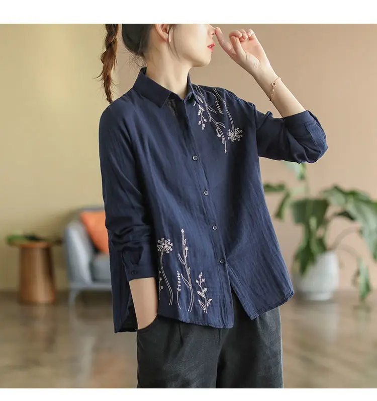 Spring and Summer New Cotton and Linen Top Simple Artistic Women\'s Long Sleeved Shirt Loose Embroidered Shirt Women