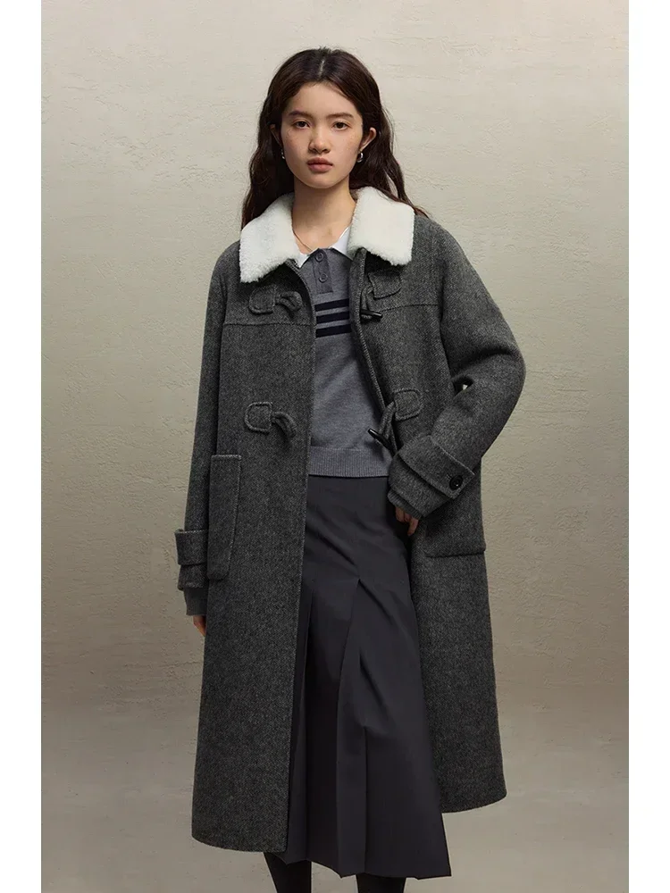 ZIQIAO Preppy Style Horn Button Wool Coat for Women Winter Niche Design College Sense Mid-length Double-sided Woolen Coat Female