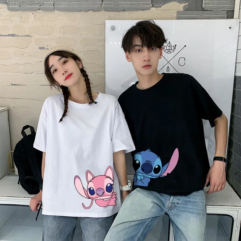 Disney Stitch Fashion Tshirt Couple Summer Short Sleeve Trend Tops 2000s Korean Stylish Black White Tees Youthful Woman Clothes