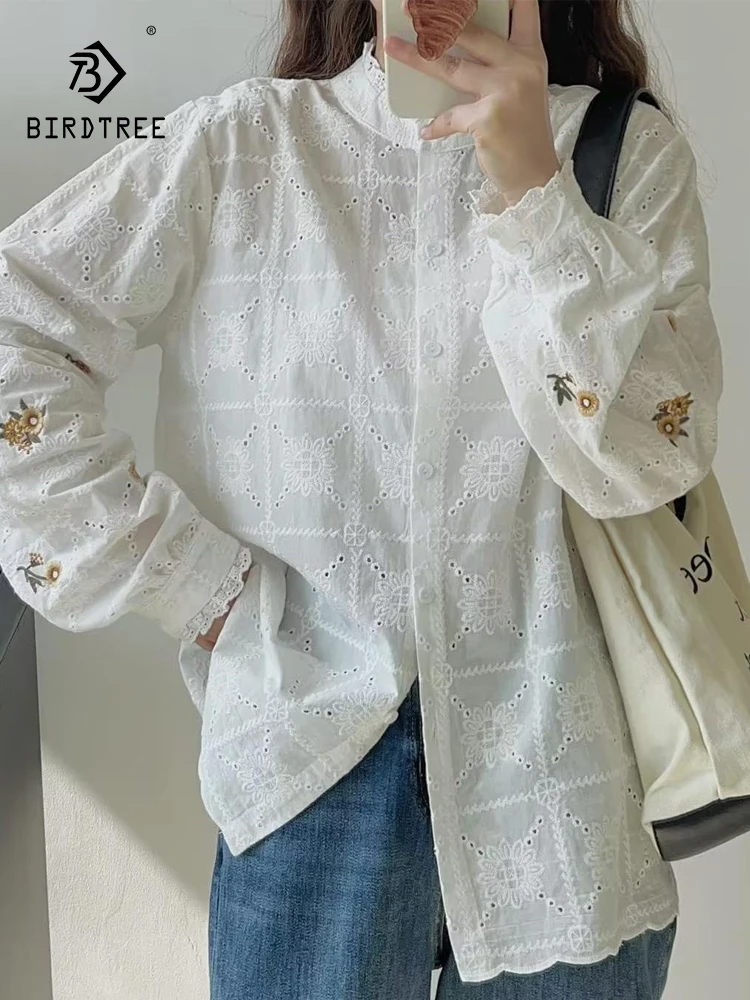 New Spring Autumn Cotton White Shirts Women Round Collar Tops Long Sleeve Lace Embroidery Loose Casual Long Blouses T37961JC