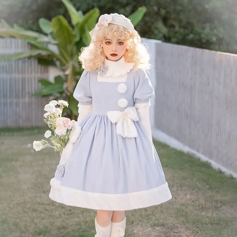 [Winter Stars]Winter Daily Fresh Op Long Sleeve Lolita Skirt Baby Blue Harujuku Goth Fairy Dresses Lolita