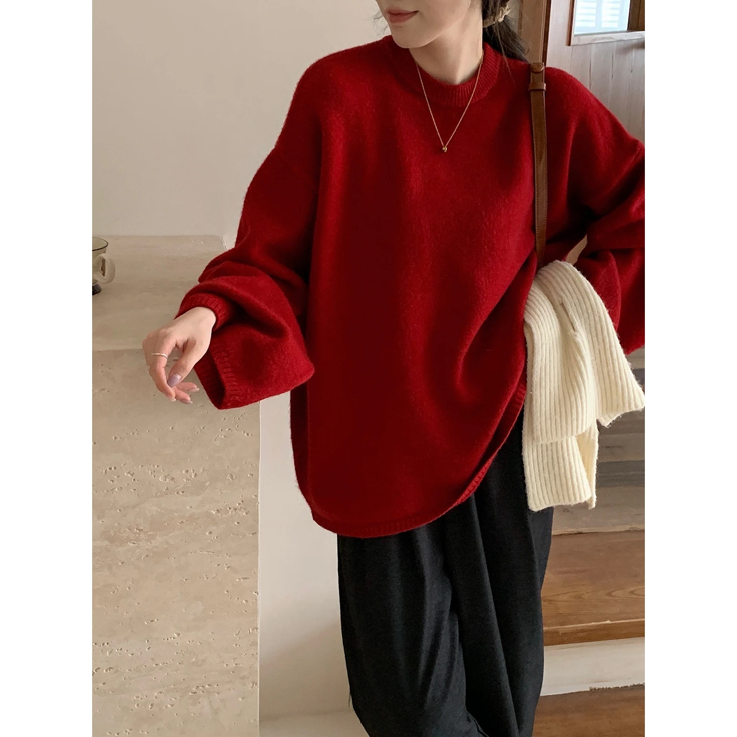 Herbst und Winter neuer fauler Windpullover Kaschmirpullover weiblich schlank lose große Version des lockeren weichen wachsarmen Rundhalspullovers