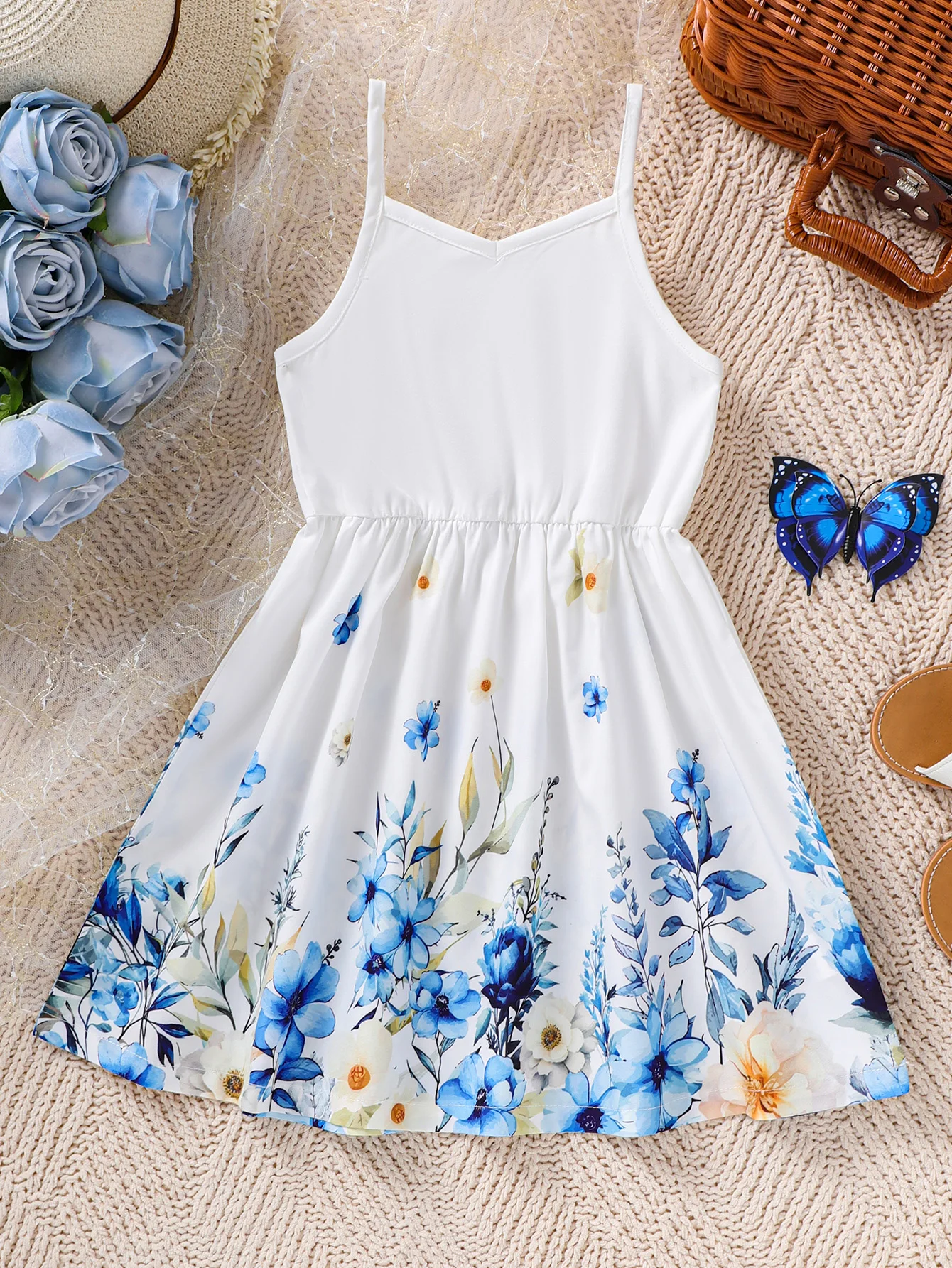 Kids Girl Summer New Sling Dress Flower Print Suspenders Dresses Sweet and lovely Daily Casual Clothing for Child Girl 4-7 Years