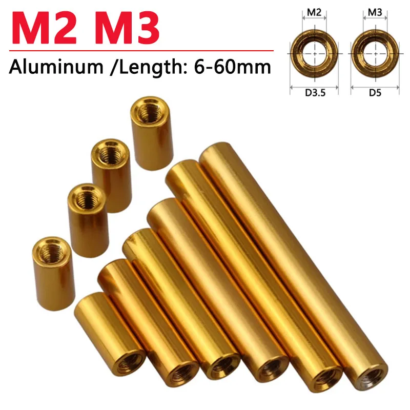 

1/5pcs M2 M3 Round Aluminum Standoff Column Rod Spacer Long Nut Spacing Screw Anodized Golden Length 6-60mm Female Thread