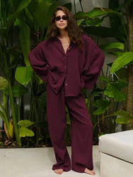 Marthaqiqi-2-Piece Terno de pijamas de mangas compridas para mulheres, Pijamas de gola virada para baixo, calças soltas, pijamas casuais, roupas domésticas