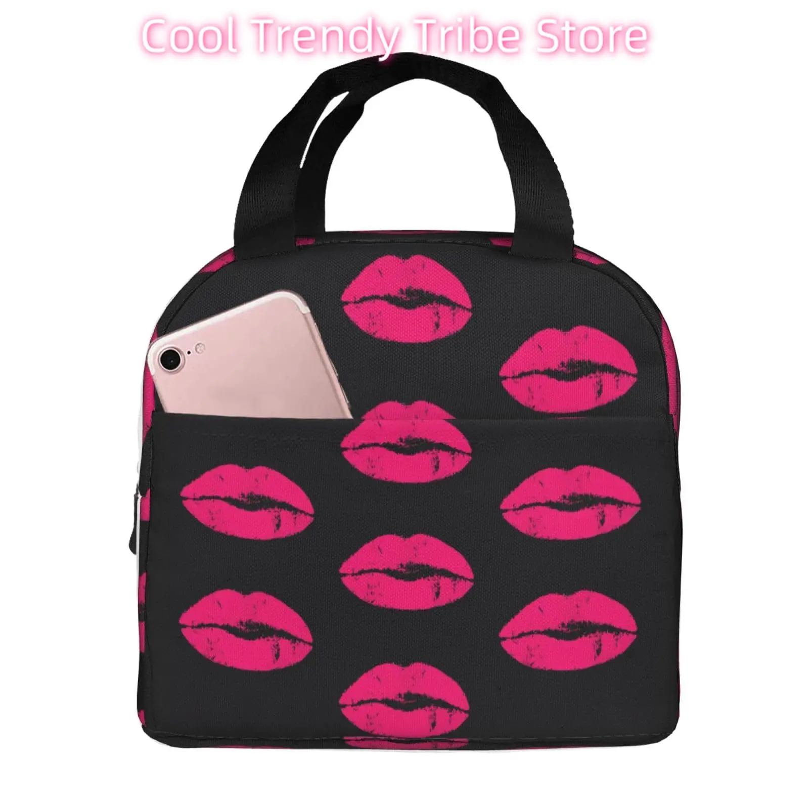 Pink Black Leopard Lips Lunch Tote Bag Insulated Reusable Lunch Box Portable Meal Handbag Food Bento Container with Front Pocket