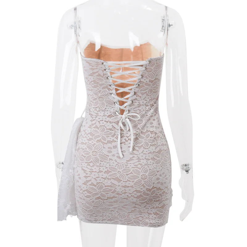 SKMY Women'S Sexy Lace Mesh One Shoulder Bra Perspective Short Elegant Party Dress image 5