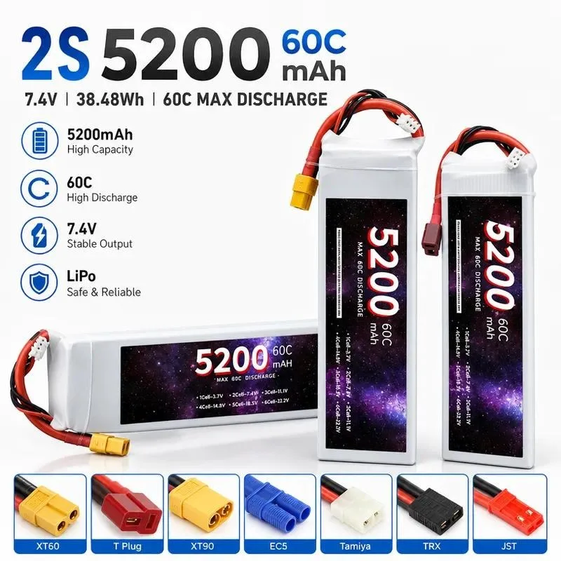 High Magnification 2S 7.4V 5200mAh 60C Lithium Battery for Remote Control Drone Helicopter Model Aircraft