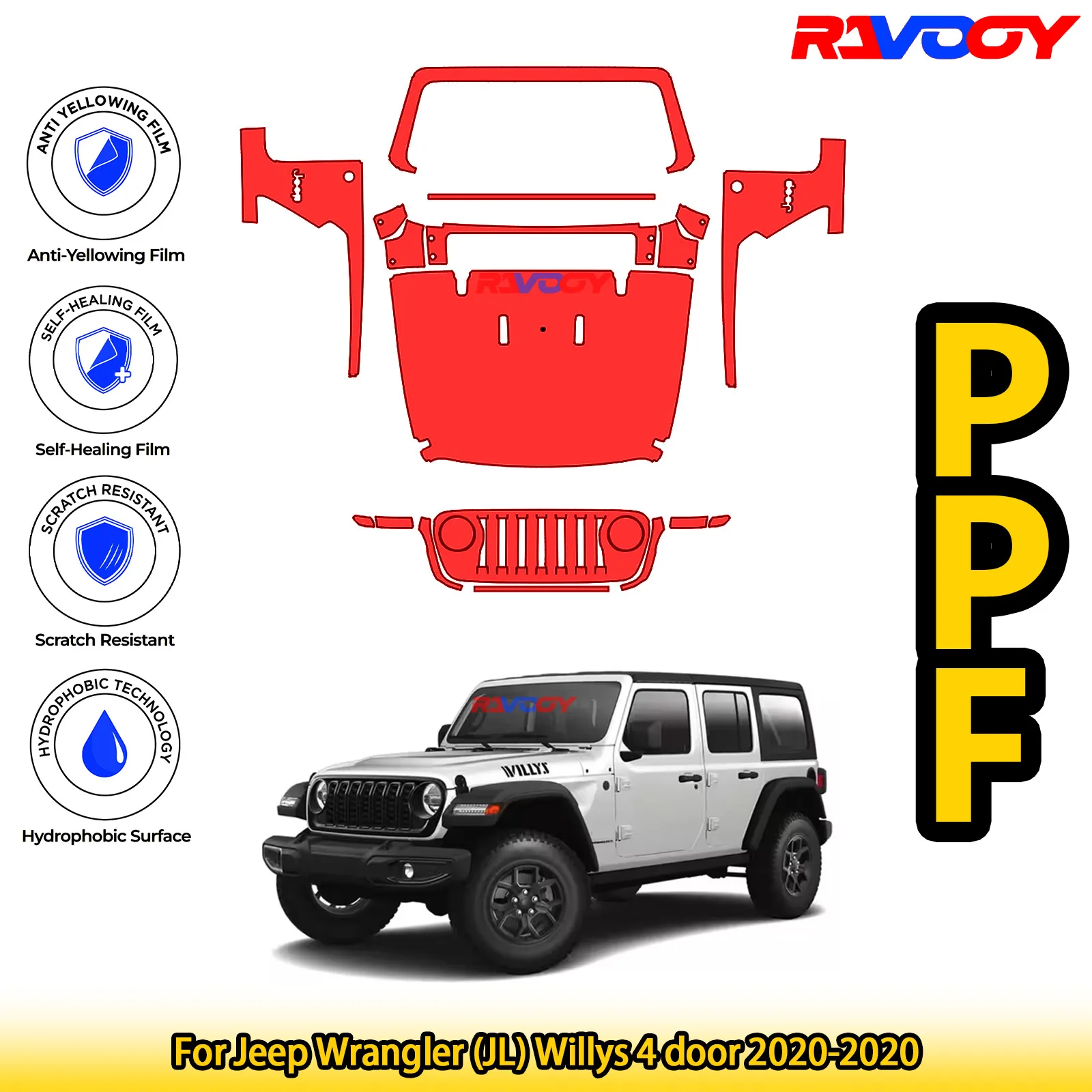 

For Jeep Wrangler (JL) Willys 4 door 2020-2020 Glossy Matte Black Precut front PPF Kit Paint Protection Film
