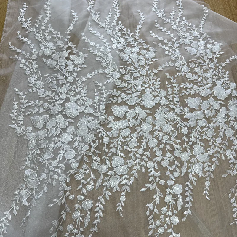 

Lace Embroidery Transparent Mesh Fabric for Flowers Trees Leaves Shiny Patches Wedding Dress Set Design Cloth Diy Sew Material