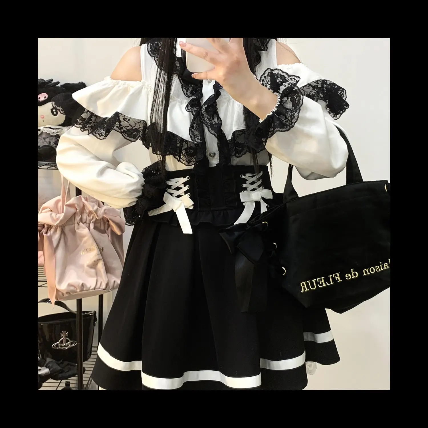 NONSAR Original Landmine System Off Shoulder Long Sleeve Shirts Hollow Out Cute Bow Lace Splicing Casual Top Girl Lolita Blouses