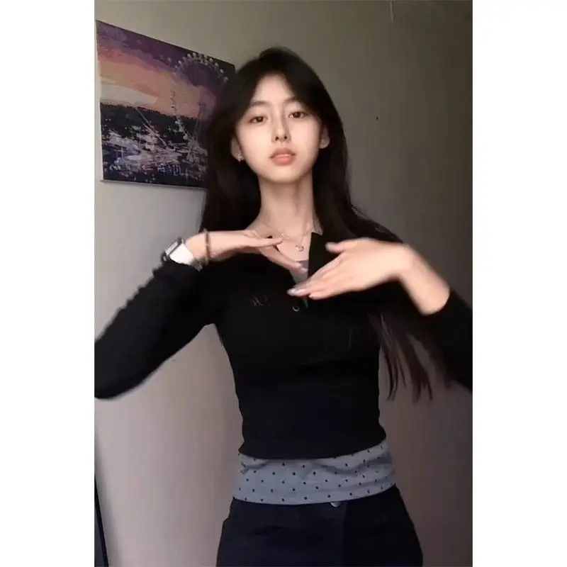 Girl Fake Two-Piece V-Neck Long Sleeve T-Shirt Women's Early Autumn New Fashion Right Shoulder Slim Fit Unique Inner Wear Top