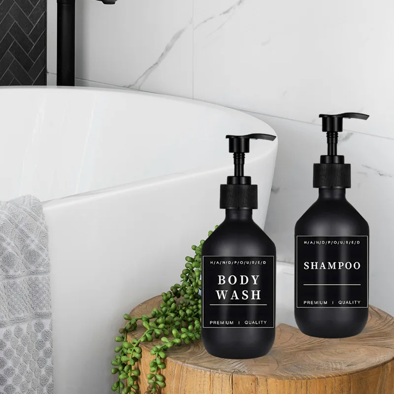 2 Pack 300ML Soap Dispenser With 12 Waterproof Labels Empty Pump Bottles Shampoo Conditioner Lotion Refillable Container