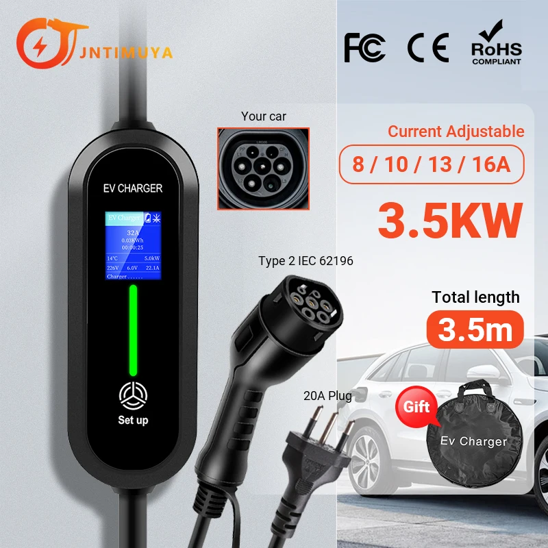 JNTIMUYA EV Portable Charger Type2 20A BR Plug Connector 16A 1Phase 3.5KW 3.5m Wallbox 4 adjustable current for Electric Vehicle