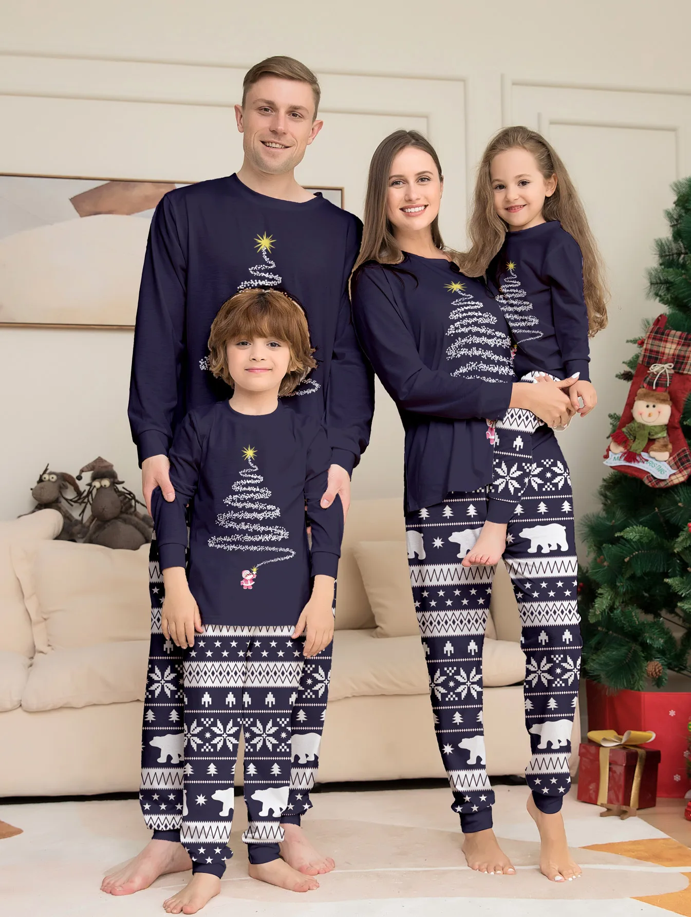 

Family Matching Xmas Sleepwear - Navy Tops, Christmas Tree Motif & Snowflake Pants