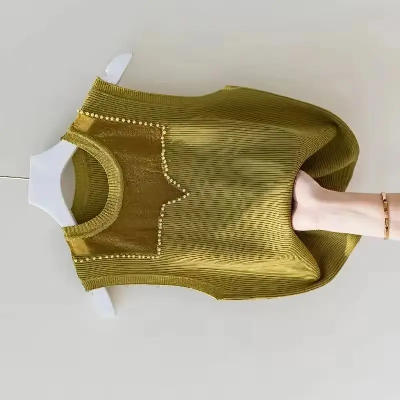 

Summer New Slim Ice Silk T-Shirt Women Pullover Sweater Sleeveless Temperament Knitted Thin Jumper Knitwear Ladies Clothing