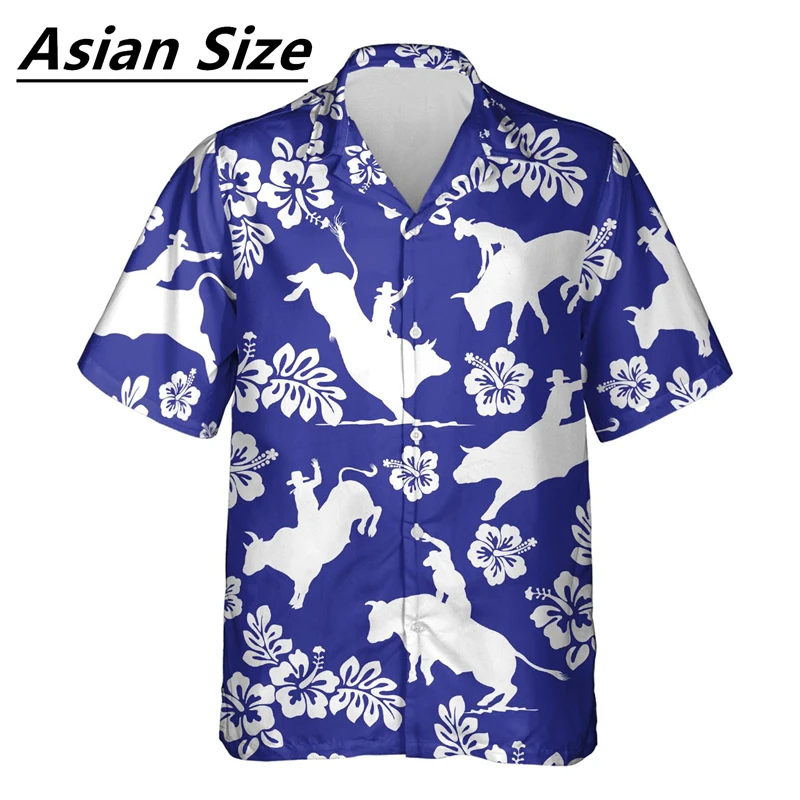 Vintage Bull Pattern Shirts For Men Fashion Summer Short Sleeve Lapel 3D Printed Hawaiian Shirt Casual Street Oversized Blouse