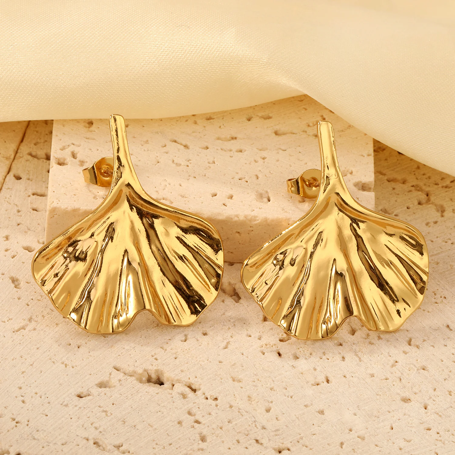 

LUXUSTEEL Women's Gift Fashion Jewelry Wrinkled Ginkgo Leaves Anti Allergy Earrings Gold Color Stainless Steel Luxury Jewelry