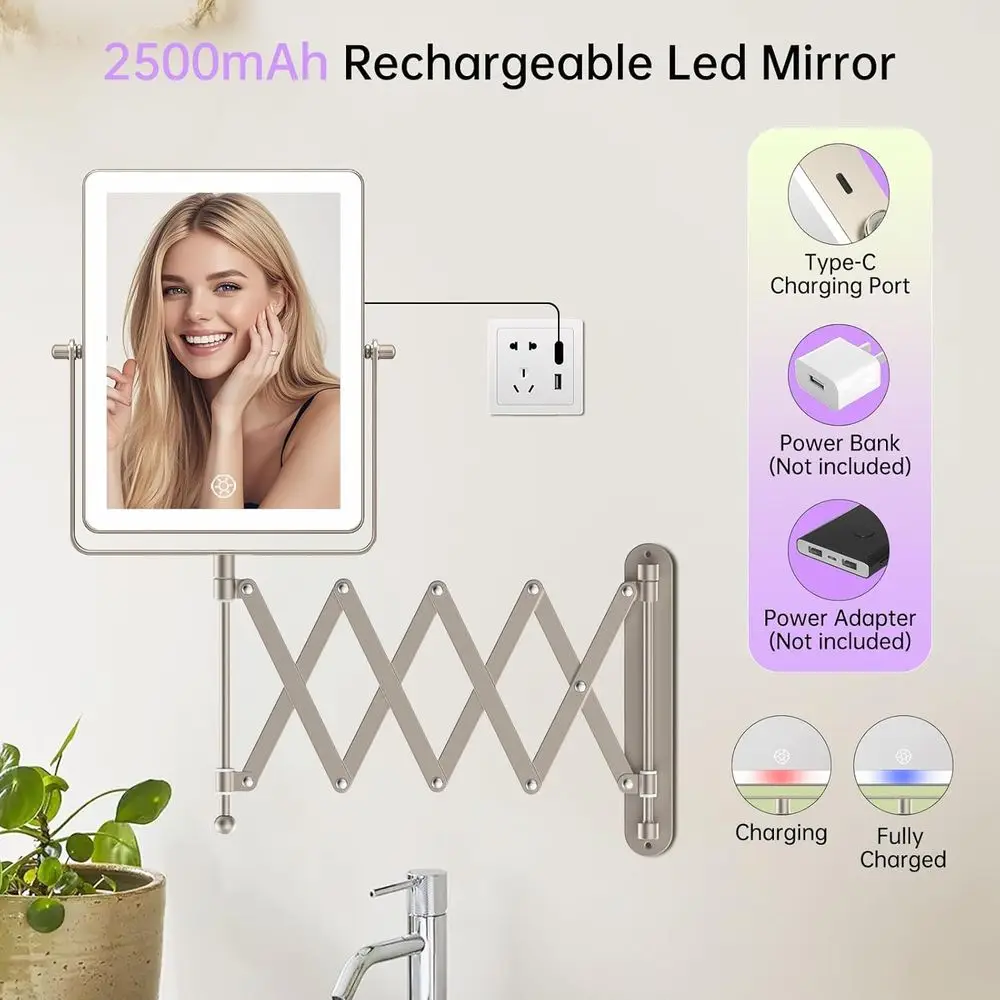مرآة مكياج LED مزدوجة الجوانب 8.7، تعمل باللمس، تكبير 1X/30X، 3 أضواء ملونة، ذراع قابل للتعديل، 360 درجة ° دوران، النيكل #6