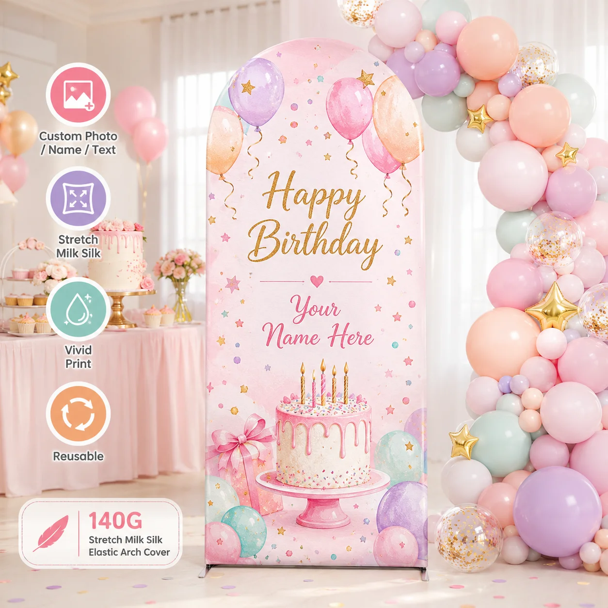 Custom Birthday Arch Cover 140G Milk Silk Stretch Fabric Personalized Photo Name Text Backdrop for Party Decoration Event Prop