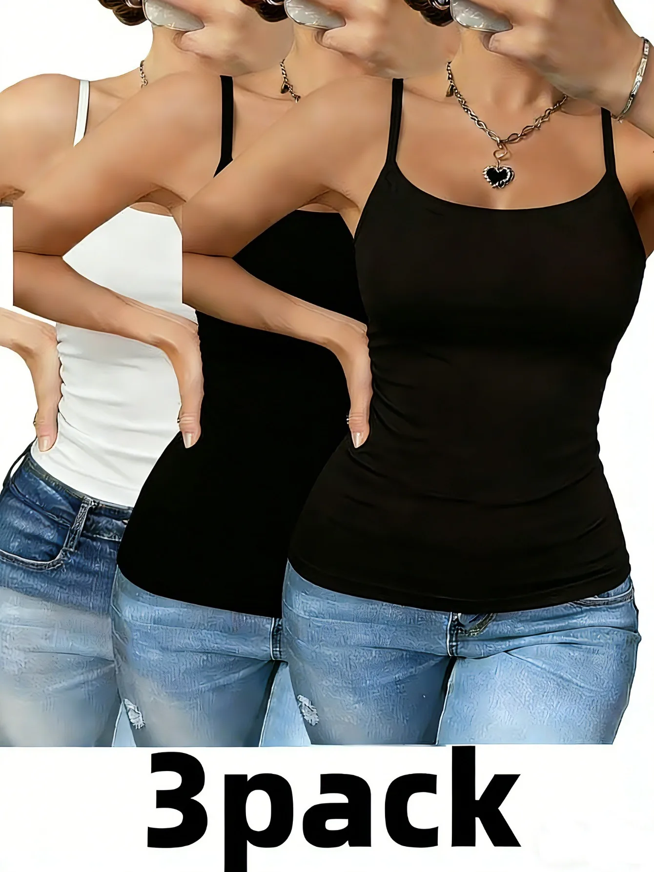 3 Pack Women Solid Adjustable Strap Cami Tank Tops, Breathable Waist Shaping Slim Layering Shirts Suitable For All Seasons