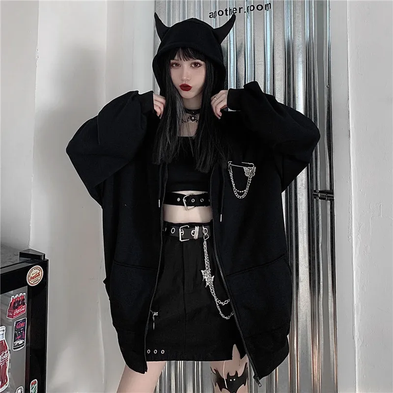 

Autumn and Winter New Dark Devil Hooded Zipper Sweater Jacket Women's Loose Cardigan
