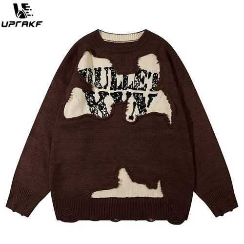 

UPRAKF Letter Ripped Sweater Autumn Crew Neck Winter Loose High Street Casual Fashion Streetwear Warm Basic Pullover