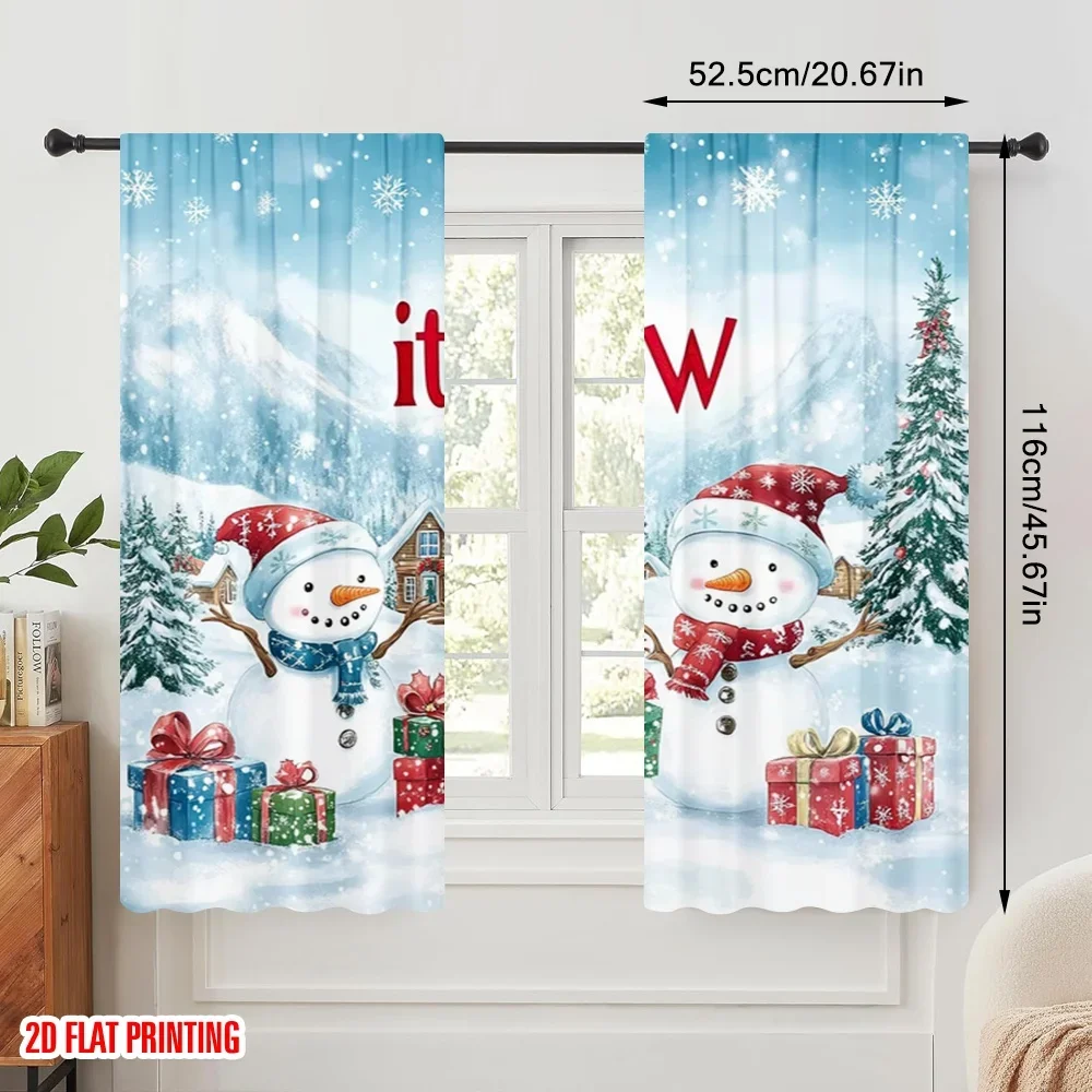 2pcs,2D plane printing Creative Curtains Winter snow scene and snowman (2) Versatile Polyester Fabric (without rod) Home Decor