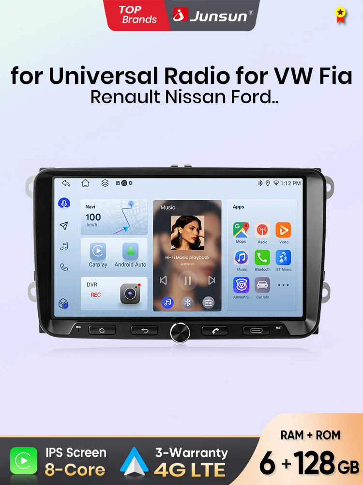 Junsun 9-calowe Uniwersalne Radio Samochodowe do VW Volkswagen Passat B6 B7 T5 Tiguan Touran Golf Polo Carplay Android Auto FM RDS DSP BT GPS Navi SWC HD IPS Ekran Dotykowy Plug & Play Odtwarzacz — 2