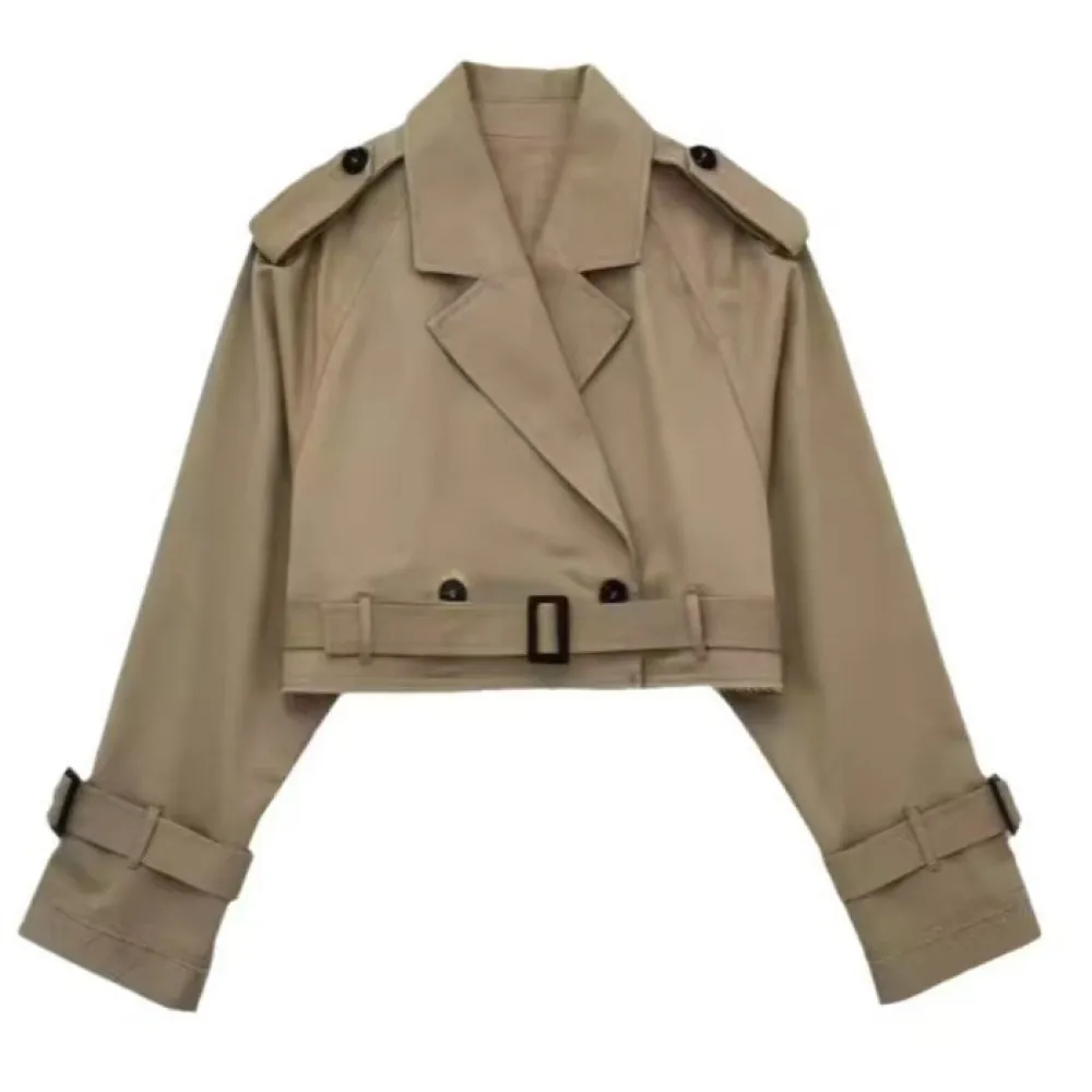 Autumn Spring Women Trench Coat Short Jacket Casual Long Sleeve Lapel Belted Outerwear Slim Fit Solid Color Female Apparel