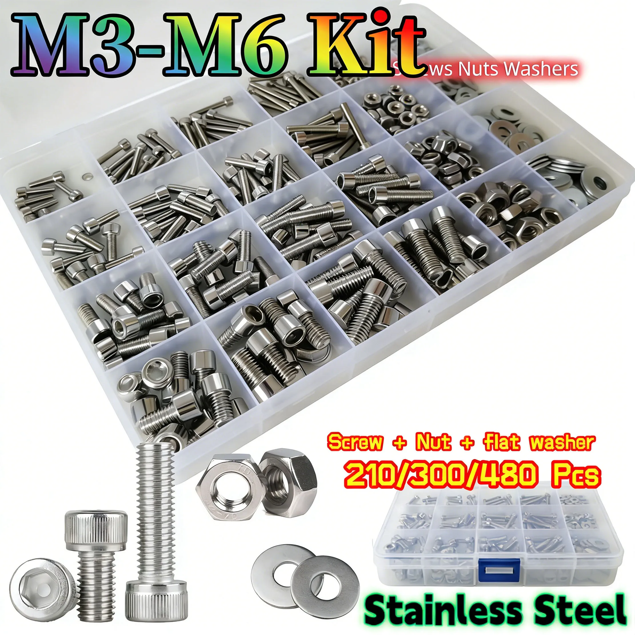 

210/300/480Pcs M3 M4 M5 M6 201 Stainless Steel Hexagon Hex Socket Cap Head Screw Bolt Nut Washer Set Assortment Kit