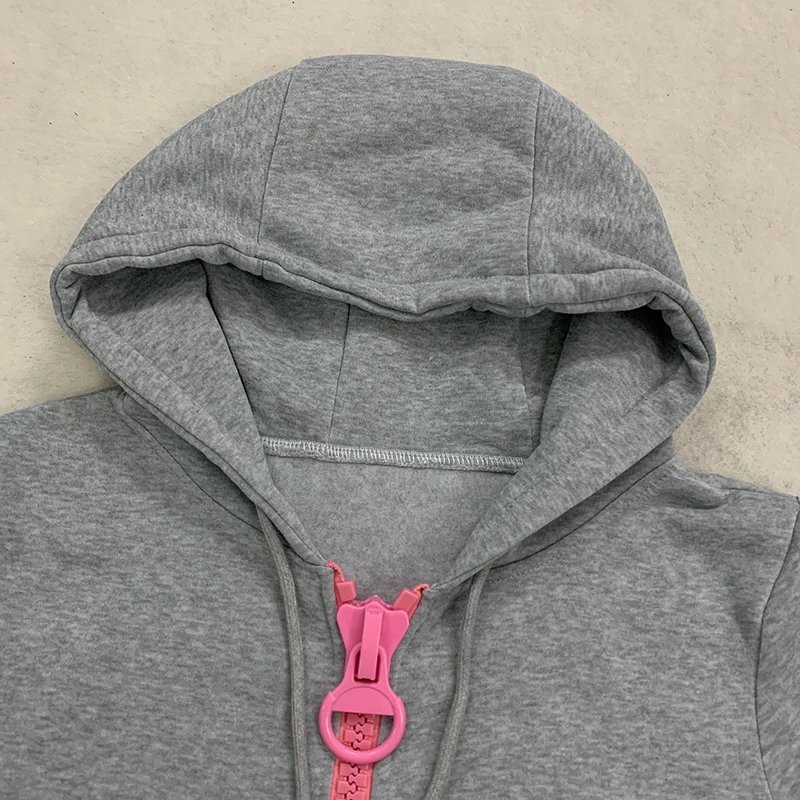 Y2K Gothic Einfarbiger Großer Reißverschluss-Hoodie Slim Fit Vollreißverschluss-Kapuzenpullover mit Übergroßem Reißverschluss Streetwear Unisex ﻿ – Detail 12